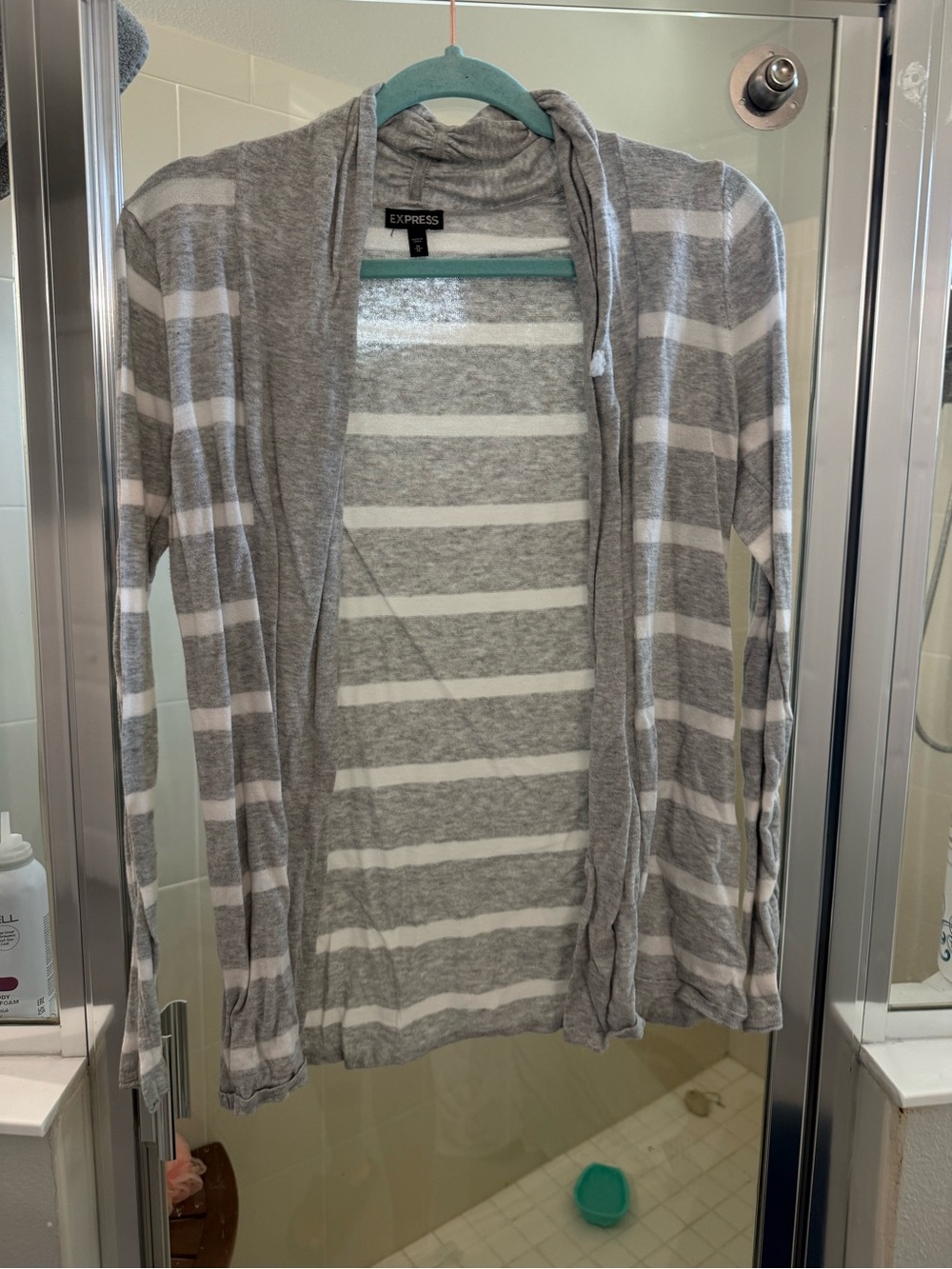 Express Gray and White Striped Open-Front Cardigan